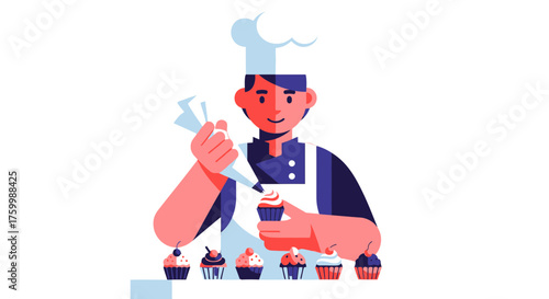 Chef Decorating Cupcakes: A Vibrant Illustration Of Bakery Artistry And Sweet Treats