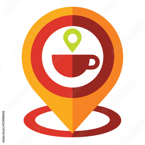Coffee Shop Location Map Vector Icon with Coffee Cup and Pin on White Background – Colorful Flat Icon for Coffee Shops, Restaurants, Food Apps, Websites, and UI Design