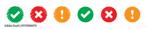 Right or wrong icons. Green tick and red cross checkmarks in circle flat icons. Yes or no symbol, approved or rejected icon for user interface.