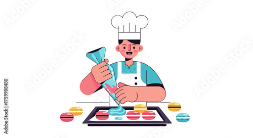 Chef Decorating Macarons On Baking Sheet With Colorful And Delicious Dessert Elements
