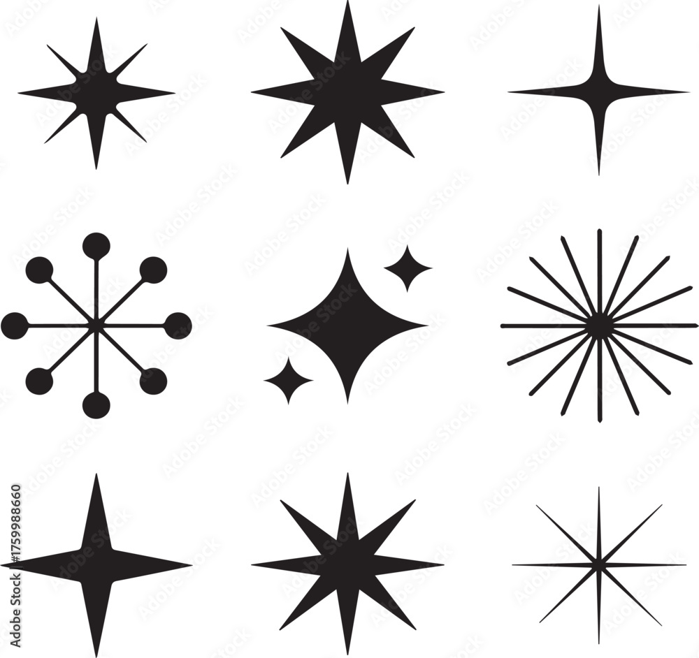 Fototapeta premium Collection of nine black starburst and sparkle graphic elements on white background shape