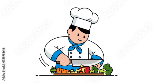 Chef Prepares Fresh Ingredients For Culinary Creation In Vibrant Illustrated Style.