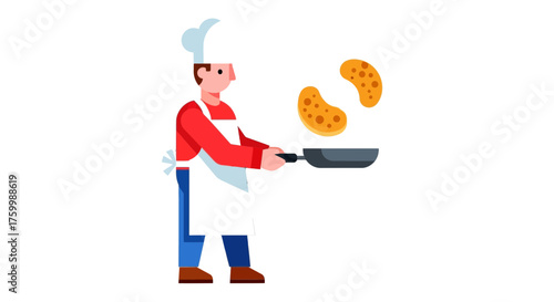 Chef Prepares Fresh Flapjacks In A Pan, Flipping Them Successfully In The Air Now