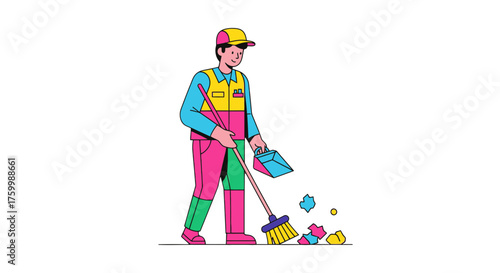 Colorful Street Cleaner in Action, Meticulously Cleaning the Environment with A Broom