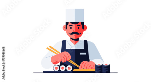 Chef Preparing Delicious Sushi, Culinary Expertise and Sushi Crafting on Black Background