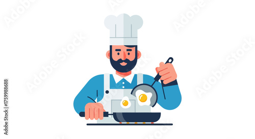 Chef Preparing Eggs in Pan, Perfect Breakfast Cooking Process Illustration