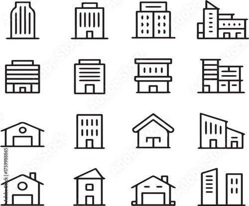 Collection of simple black outline building icons representing houses and skyscrapers house icon skyscraper icon