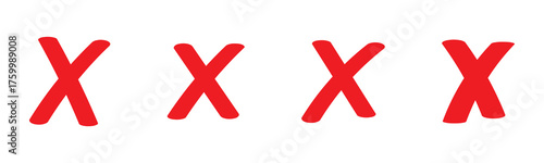 Hand-painted red wrong signs, red crosses brush strokes, abstract aversion icons, NO checkbox button, vector. illustration, UI elements, interface design.