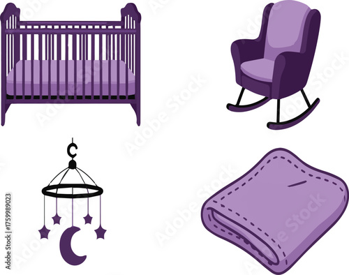Purple baby crib rocking chair mobile and folded blanket on white background purple crib wooden crib