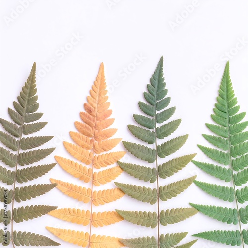 Four fern leaves arranged in a row, showing a color gradient