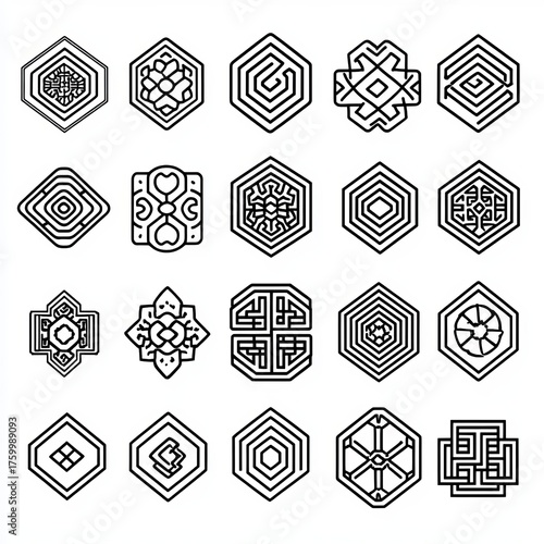 Traditional Asian decorations, including Korean frame borders, corners, and dividers, feature geometric stamp ornaments in an oriental line modern set