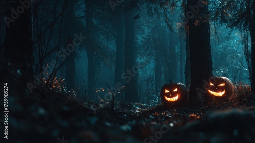 Fototapeta Naklejka Na Ścianę i Meble -  glowing halloween pumpkins in a dark forest