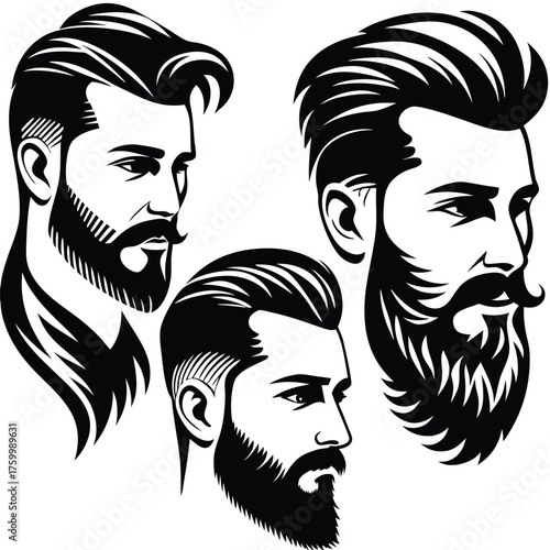 Three diverse bearded men with styled hair showcase elegant monochrome portraits displaying sophistication