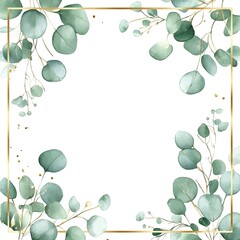 Square frame of light teal eucalyptus leaves on white background with gold border