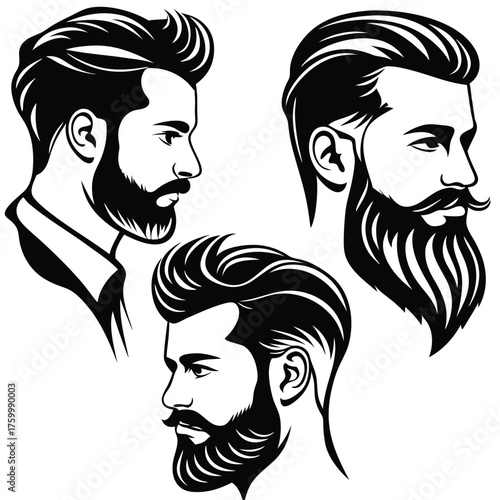 Three handsome men, sporting various stylish haircuts and beards, are illustrated in black and white