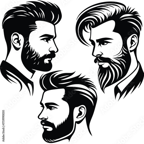 Three stylized bearded Caucasian men profile faces showcase different haircuts and beard styles