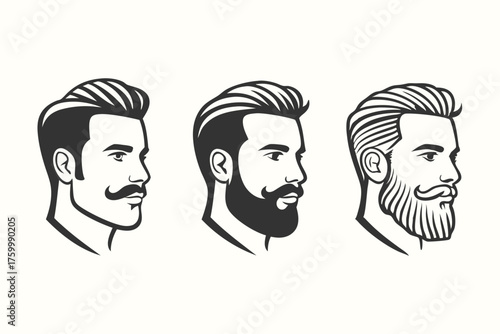 Three men's faces display distinctive beard and hairstyle variations in a monochrome, stylized vector