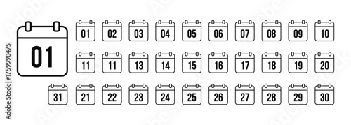 Black Calendar Icons Showing Numbers 01 to 31 date On Transparent Background