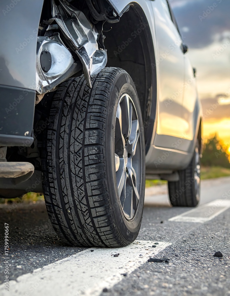 Naklejka premium Damaged Car After Accident on Road with Broken Headlight.