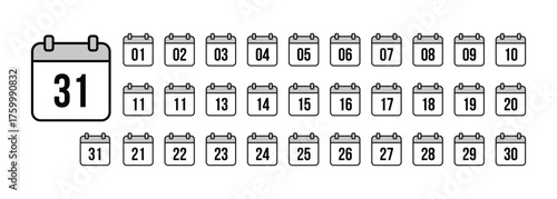 A set of tear off calendar pages showing numbers from 1 to 31 isolated on transparent background