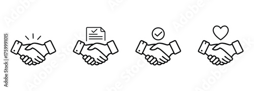 Set of Four Black Outline Handshake Icons with different icons representing agreement success and partnership On Transparent Background