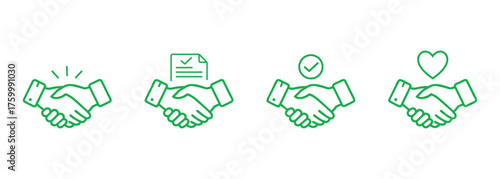 Four stylized handshakes with different icons representing agreement success and partnership isolated on transparent background