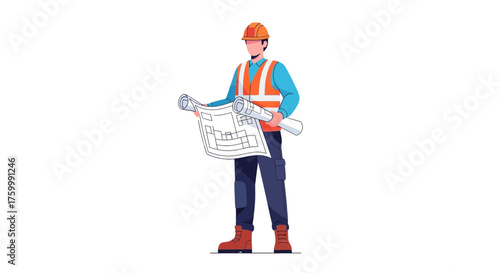 Construction Architect Engineer Holding Building Plans With Protective Safety Attire