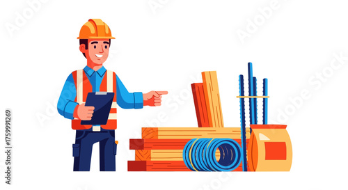 Construction Worker Pointing at Building Materials Against a Black Background