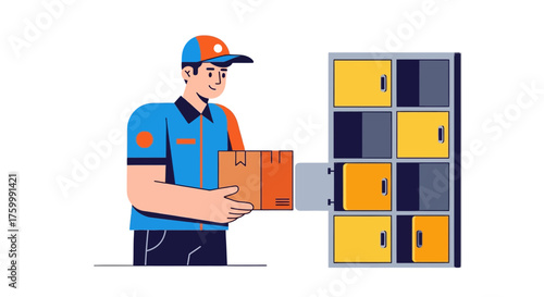 Courier Placing Package in Delivery Locker Illustrating Modernized Mail Distribution Systems
