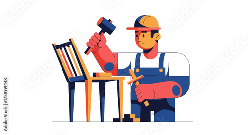 Craftsman Constructing Wooden Furniture Using Hammer and Chisel on Dark Background