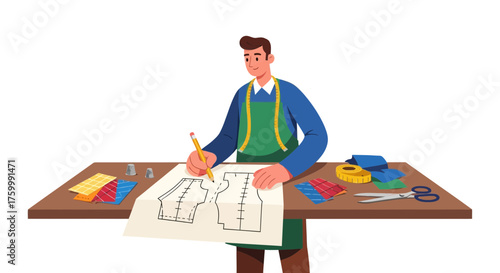 Craftsman Illustrating: Tailor Creating Design For Dressmaking Illustration Concept