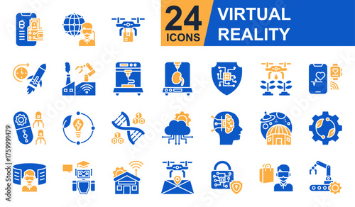 Virtual Reality Icons set vector illustration. Containing Virtual World, Future Space, Smart Factory, 3D Printing, Digital Cloud and more. Simple solid icons collection.