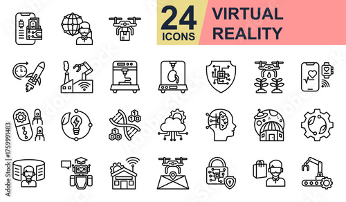 Virtual Reality Icons set vector illustration. Containing Virtual World, Future Space, Smart Factory, 3D Printing, Digital Cloud and more. Simple line icons collection.