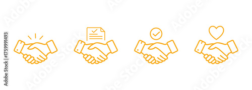 Four stylized golden outline icons depicting handshakes representing partnership agreement trust and love isolated on transparent background