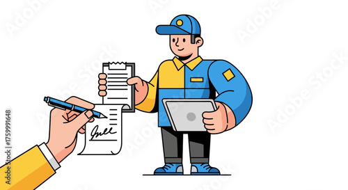 Delivery Representative Signing Documents and Holding a Tablet Computer on Neutral Background