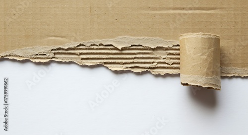Torn cardboard paper with rolled edge on white background