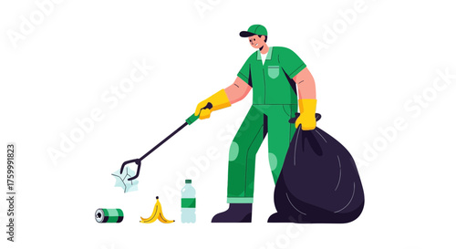 Custodian Collecting Refuse in Green Uniform with Rubbish Bags and Garbage Pickup Tool
