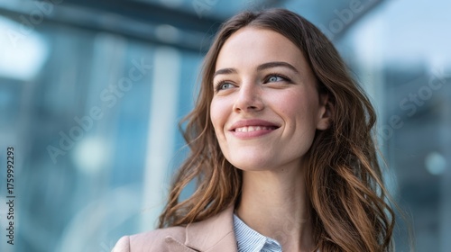 A woman with long brown hair and a smile on her face. She is wearing a suit and a blue shirt Free Download A woman with long brown hair and a smile on her face. She is wearing a suit and a blue shirt - GFXLoad