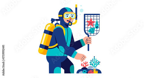 Diver Observing Marine Life And Collecting Samples From The Ocean Floor