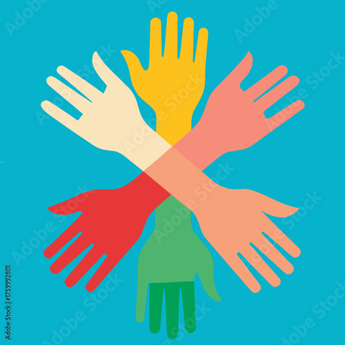 Hands of different races joining together in harmony vector illustration