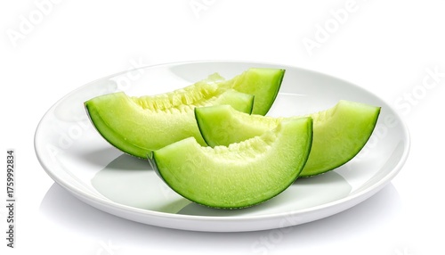 Four fresh, green melon slices arranged on a white, circular plate