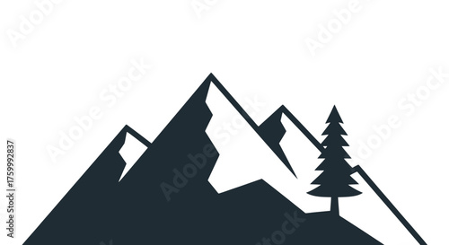 Dramatic Mountain Peaks Silhouette with Pine Tree Against Darkened Horizon