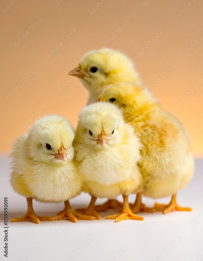 Obraz premium Four fluffy baby chicks, standing and huddled together on a white surface