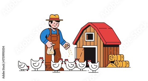 Farmer Feeding Poultry Near Barn, Depicting Agricultural Life with Chickens on Black Background