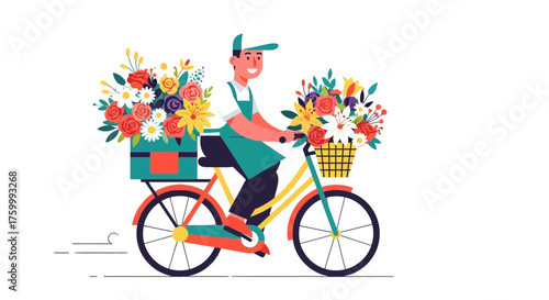 Floral Delivery Person Riding Bicycle Across Black Background Bringing Bright Blooms
