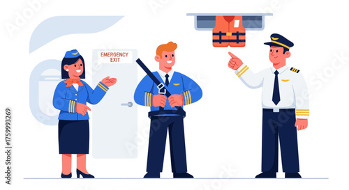Flight Attendant Introducing Safety Instructions With Pilot And Air Marshal In Plane