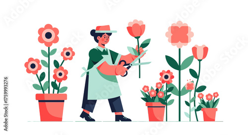 Floral Designer Pruning Flowers Blooming In Pots Against A Dark Backdrop