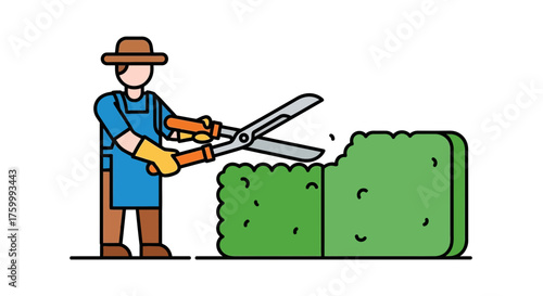 Gardener Pruning Bush With Shears In A Garden, Vector Illustration on Black