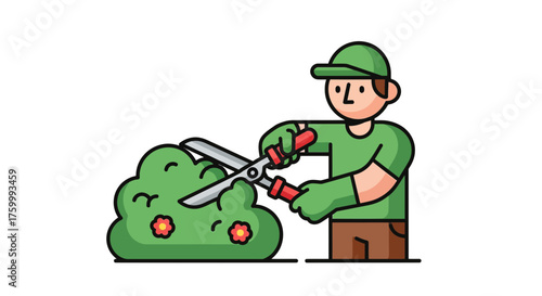 Gardener Trimming Hedge in a Green Outfit with Shears on a Black Background