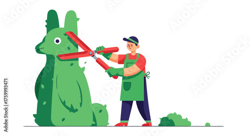 Gardener Trimming Topiary Animal Shaped Bush with Shears against a Black Background